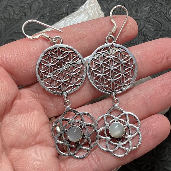 Moonstone Flower Seed of Life Sacred Geometry Earrings - Picture 6 of 6